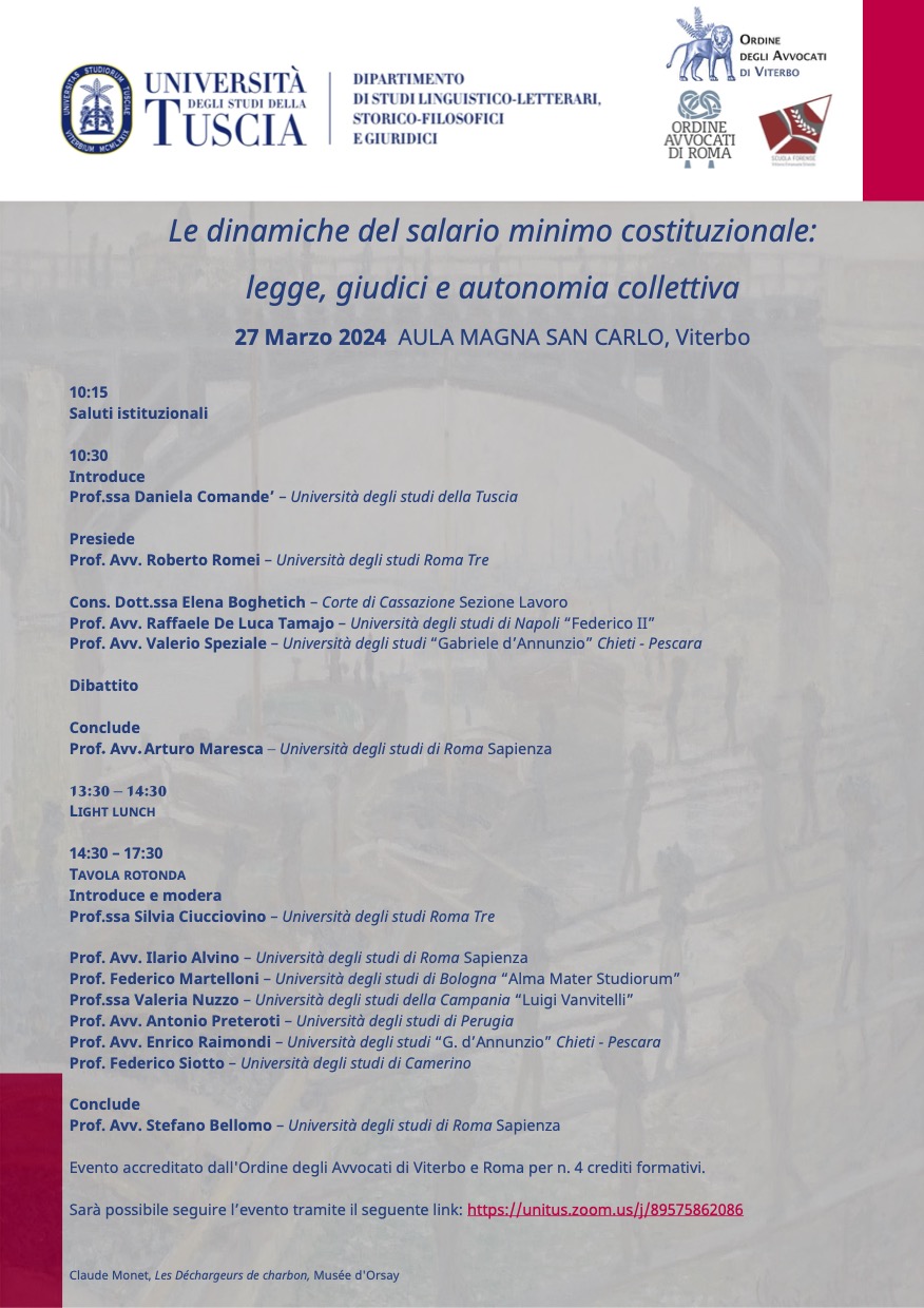 Convegno "Le dinamiche del salario minimo costituzionale: legge, giudici e autonomia collettiva"